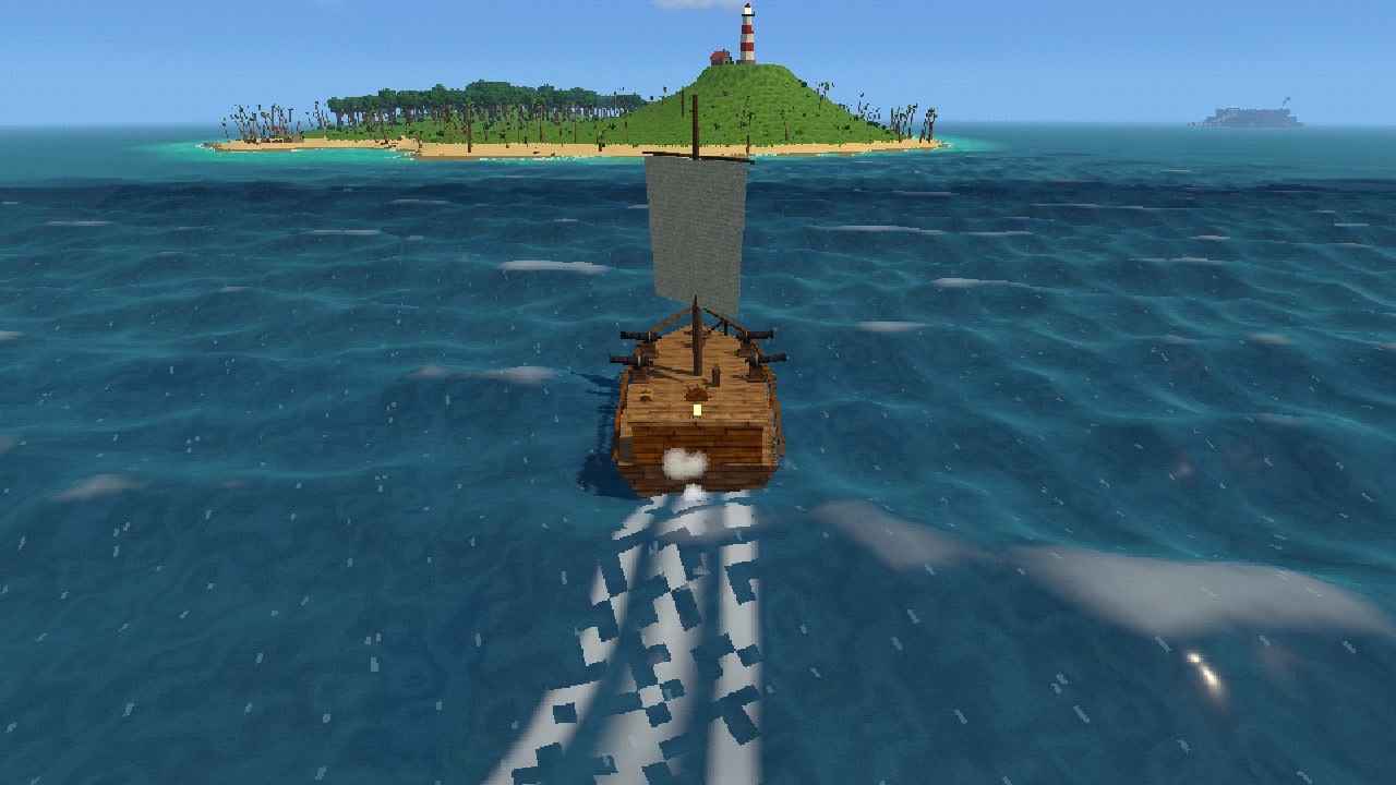 The crew's sloop under sail, leaving a wake toward an island with a lighthouse