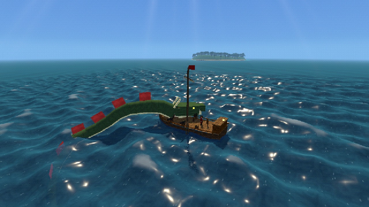 A green Sea King rising beside the sloop on open water