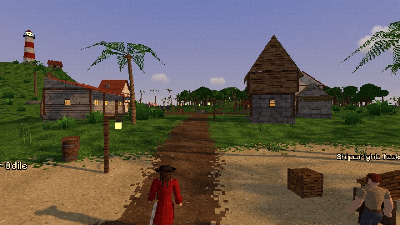 The fishing village of Brinehollow at dusk, a captain in a red coat on the path